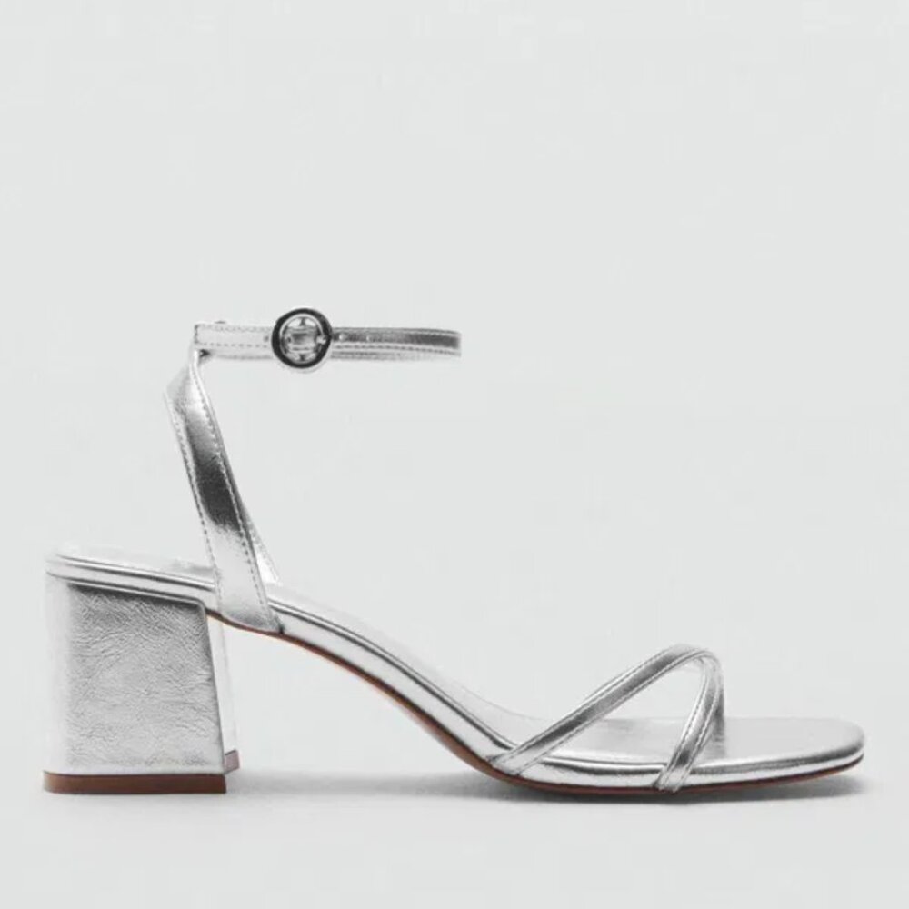 Mango Women's Silver Gaby Leather Block Heeled Ankle Strap Sandal‎ Size 8